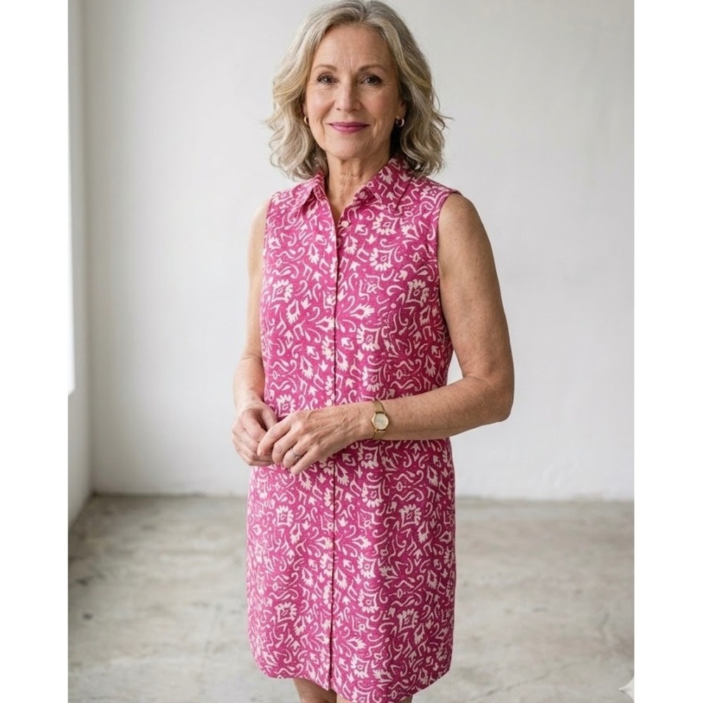 TravelSmith Womens Pink Ikat Sleeveless Button Front Shirt Dress Sz M Excellent